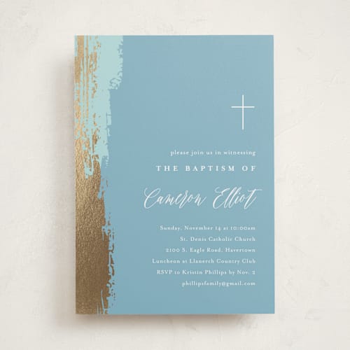 This is a azure baptism and christening announcements with foil pressed by Carolyn MacLaren called artsy printing on signature in standard