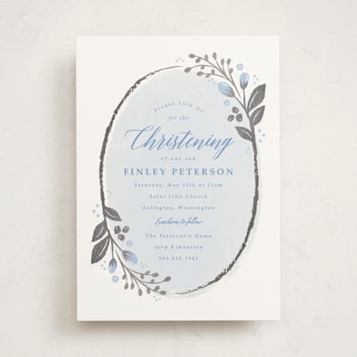 This is a powder blue baptism and christening announcements with foil pressed by Karidy Walker called woodland wreath printing on signature in standard