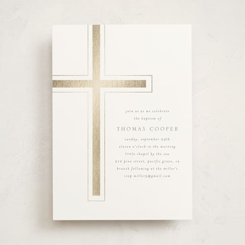 This is a puddle baptism and christening announcements with foil pressed by Erin Deegan called a simple cross printing on signature in standard
