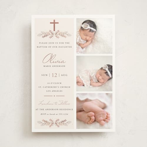 This is a cream baptism and christening announcements with foil pressed by Oma N. Ramkhelawan called stacked blessing printing on signature in standard