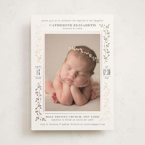 This is a snow baptism and christening announcements with foil pressed by Ana de Sousa called little angel printing on signature in standard