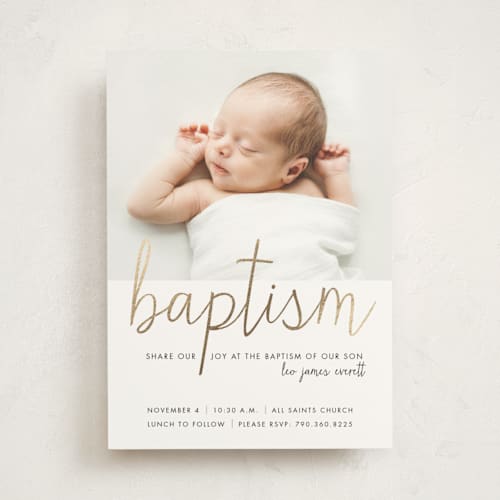 This is a snow baptism and christening announcements with foil pressed by Luckybug Designs called all clean printing on signature in standard
