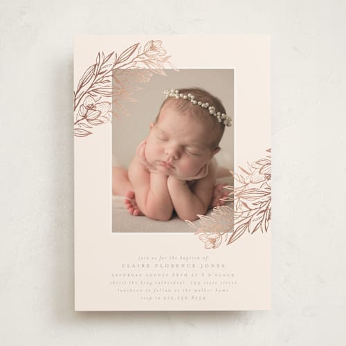 This is a pastel peach baptism and christening announcements with foil pressed by Grace Kreinbrink called dogwood branches printing on signature in standard