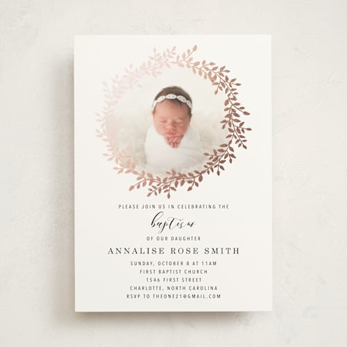 This is a onyx baptism and christening announcements with foil pressed by Alethia Frye called classic laurel wreath printing on signature in standard
