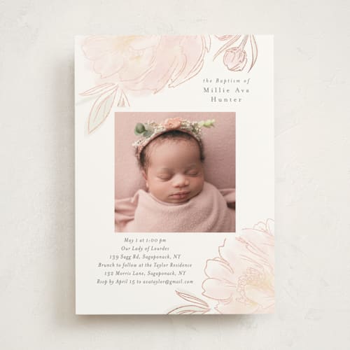 This is a peony baptism and christening announcements with foil pressed by Nicoletta Savod called sweet peony printing on signature in standard