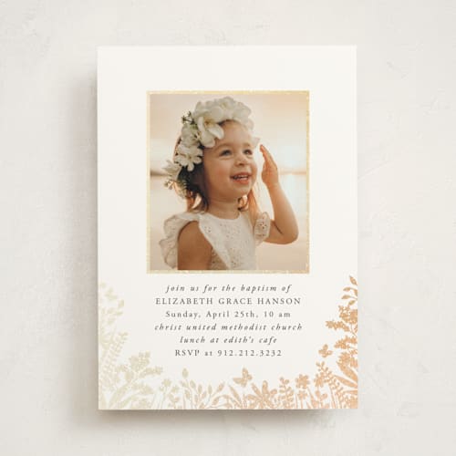 This is a powder baptism and christening announcements with foil pressed by Susan Asbill called garden printing on signature in standard