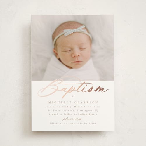 This is a toffee baptism and christening announcements with foil pressed by Creo Study called luxe script printing on signature in standard