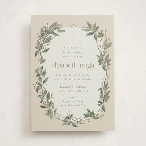 This is a seashell baptism and christening announcements with foil pressed by Lucrecia Caporale called sweet botanical wreath printing on signature in standard