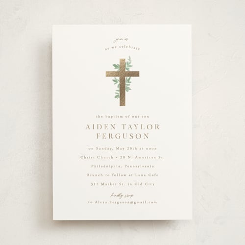 This is a mint baptism and christening announcements with foil pressed by Everett Paper Goods called botanically printing on signature in standard