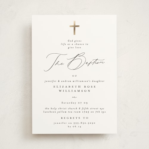 This is a cloud baptism and christening announcements with foil pressed by Phrosné Barwood called simple cross printing on signature in standard