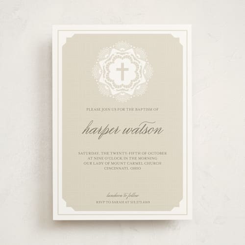 This is a cappuccino baptism and christening announcements with standard by Carrie ONeal called grand lace printing on signature in standard
