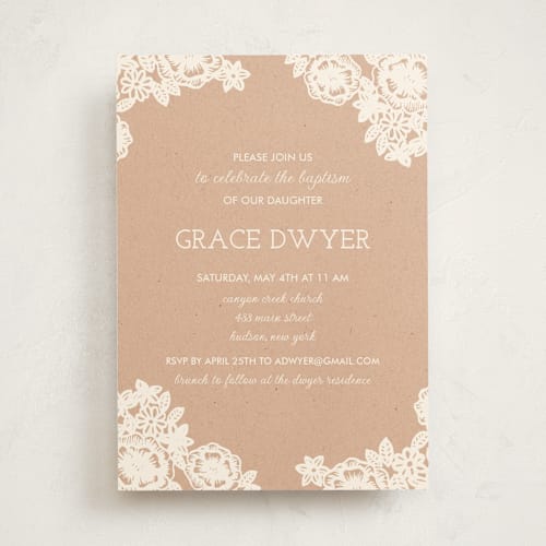 This is a kraft baptism and christening announcements with standard by Katharine Watson called lace and kraft printing on signature in standard