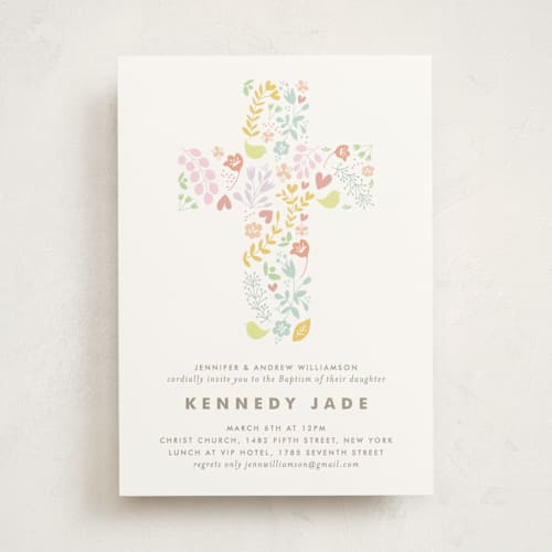 This is a spring baptism and christening announcements with standard by Phrosné Barwood called happy printing on signature in standard