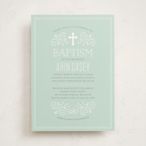 This is a spearmint baptism and christening announcements with standard by Jessica Williams called creamy swirls printing on signature in standard