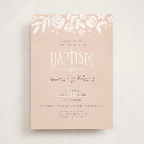 This is a blush baptism and christening announcements with standard by Jennifer Wick called baby's breath printing on signature in standard