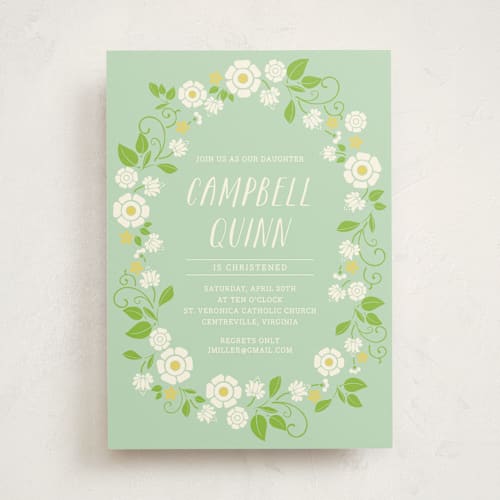 This is a seafoam baptism and christening announcements with standard by That Girl Press called fleurs fraiche printing on signature in standard