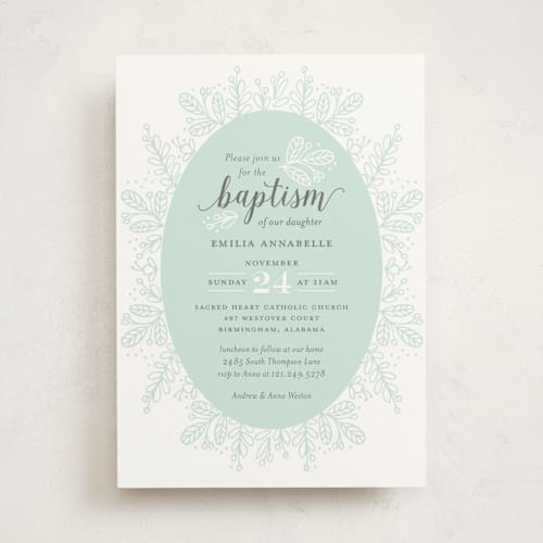 This is a mint baptism and christening announcements with standard by Jessica Williams called whimsical wreath printing on signature in standard