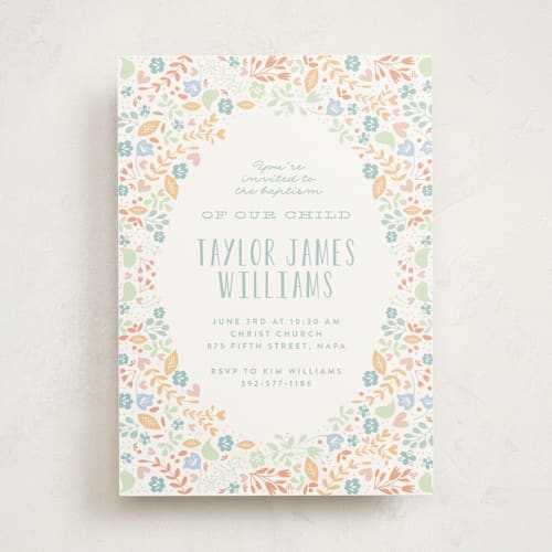 This is a bluebell baptism and christening announcements with standard by Phrosné Barwood called floral framed printing on signature in standard