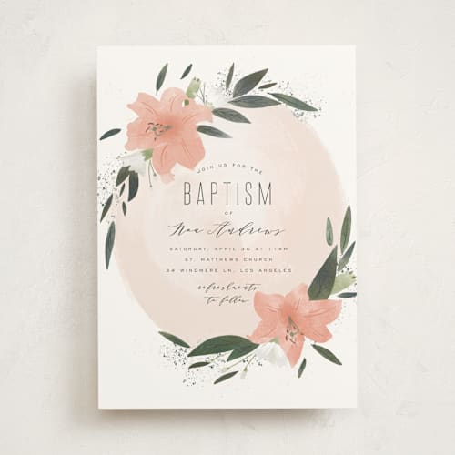 This is a blush baptism and christening announcements with standard by Leah Bisch called floral burst printing on signature in standard