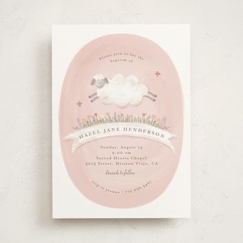 This is a cupcake baptism and christening announcements with standard by Joanna Griffin called woolly lamb printing on signature in standard