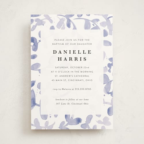 This is a lavender baptism and christening announcements with standard by Lea Velasquez called watercolor medley printing on signature in standard
