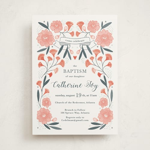 This is a rose baptism and christening announcements with standard by Paper Raven Co. called blooming garden baptism printing on signature in standard