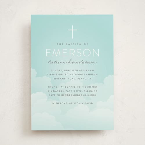 This is a sky baptism and christening announcements with standard by Susan Asbill called heavenly sky printing on signature in standard