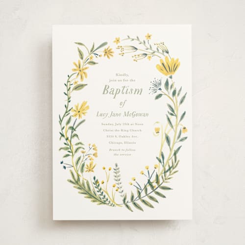 This is a lime baptism and christening announcements with standard by Morgan Ramberg called cheerful blessing printing on signature in standard