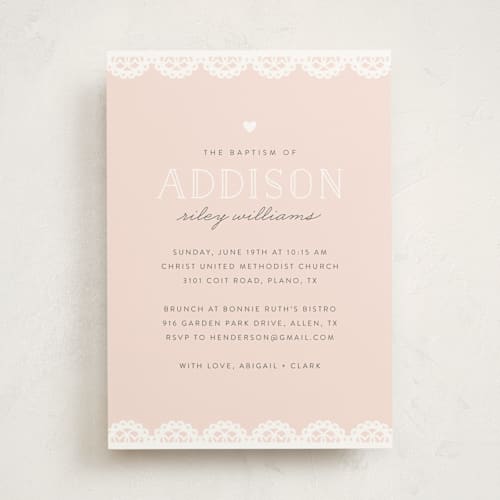 This is a blush baptism and christening announcements with standard by Susan Asbill called scalloped edge printing on signature in standard