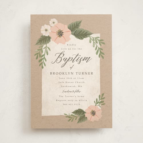 This is a rose baptism and christening announcements with standard by Karidy Walker called kraft and florals printing on signature in standard