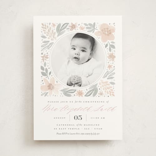 This is a blush baptism and christening announcements with standard by Robert and Stella called floral frame printing on signature in standard