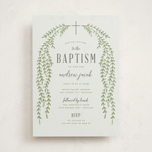 This is a mint baptism and christening announcements with standard by Michelle Taylor called sweet vines printing on signature in standard