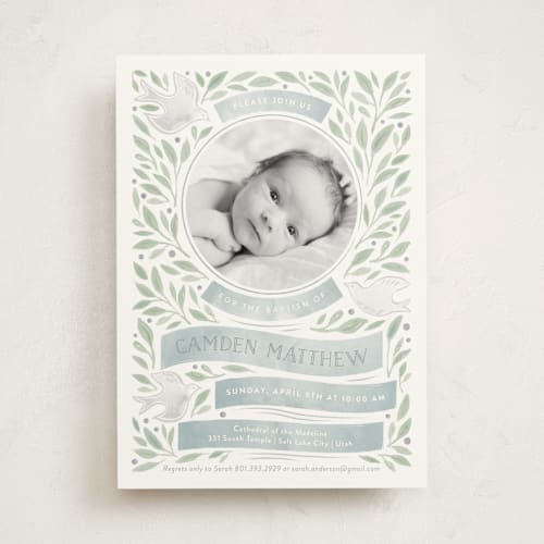 This is a dusty blue baptism and christening announcements with standard by Robert and Stella called olive branches printing on signature in standard