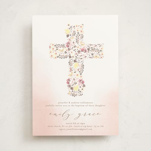 This is a blush baptism and christening announcements with standard by Phrosné Barwood called organic cross printing on signature in standard
