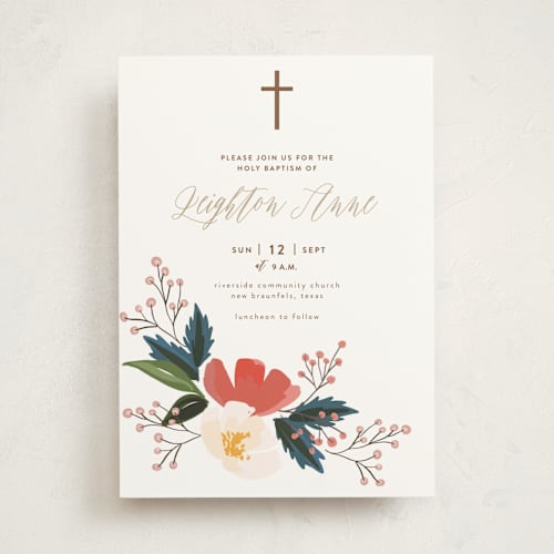 This is a salmon baptism and christening announcements with standard by Haley Warner called flowerscape printing on signature in standard