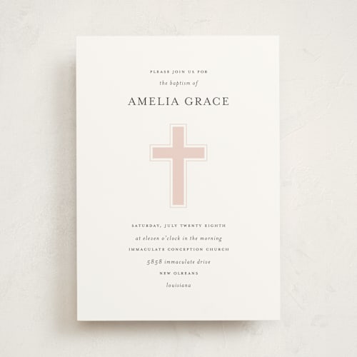 This is a rose baptism and christening announcements with standard by Chasity Smith called elegant cross printing on signature in standard