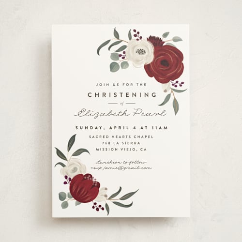 This is a scarlet baptism and christening announcements with standard by Joanna Griffin called floral christening printing on signature in standard