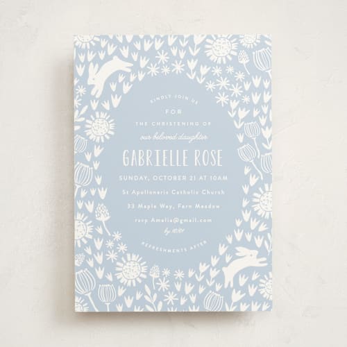 This is a periwinkle baptism and christening announcements with standard by Angela Thompson called woodland meadow printing on signature in standard