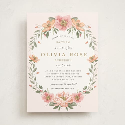 This is a blush baptism and christening announcements with standard by Susan Moyal called garden celebration printing on signature in standard