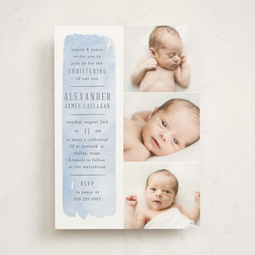 This is a sky baptism and christening announcements with standard by Julie Murray called brushed stripe printing on signature in standard