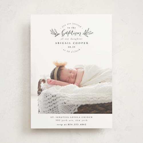 This is a snow baptism and christening announcements with standard by Anastasia Makarova called purity printing on signature in standard