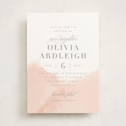 This is a blush baptism and christening announcements with standard by Kristie Kern called whisper printing on signature in standard