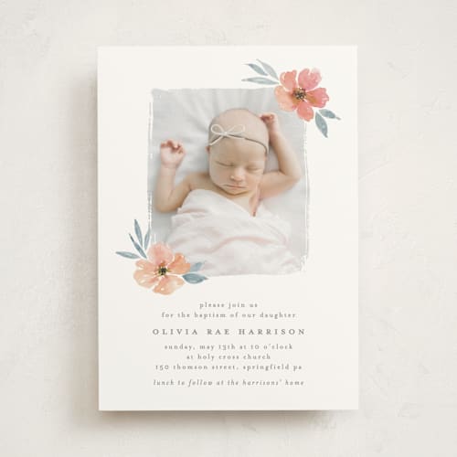 This is a coral baptism and christening announcements with standard by Everett Paper Goods called fanciful printing on signature in standard