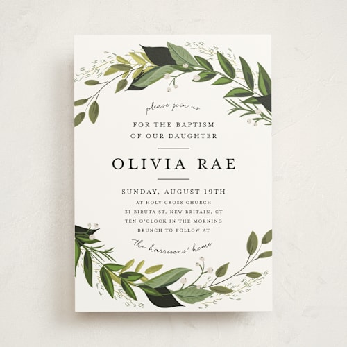 This is a fern baptism and christening announcements with standard by Susan Moyal called vines of green printing on signature in standard