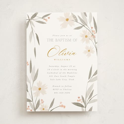 This is a cotton baptism and christening announcements with standard by Robert and Stella called garden edge printing on signature in standard