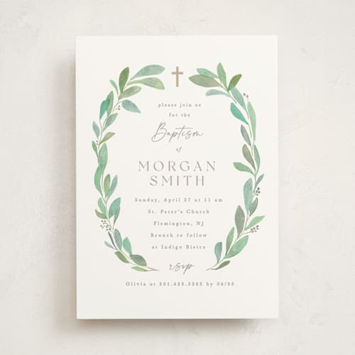 This is a pine needle baptism and christening announcements with standard by Creo Study called greenery wreath printing on signature in standard