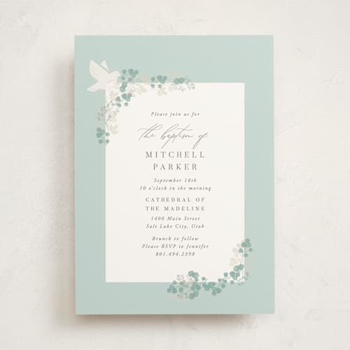 This is a cotton baptism and christening announcements with standard by Robert and Stella called eucalyptus frame printing on signature in standard