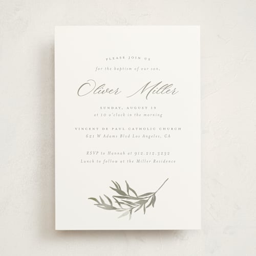 This is a eucalyptus baptism and christening announcements with standard by Hudson meet Rose called leafy baptism printing on signature in standard