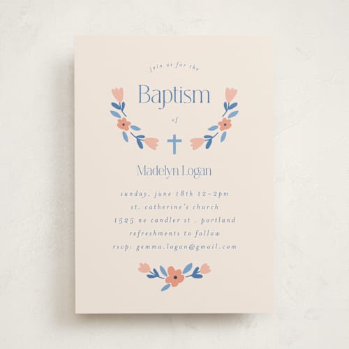 This is a cornflower baptism and christening announcements with standard by Morgan Kendall called floral wreath printing on signature in standard