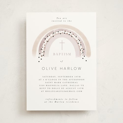 This is a blush baptism and christening announcements with standard by Maja Cunningham called rainbow christening printing on signature in standard